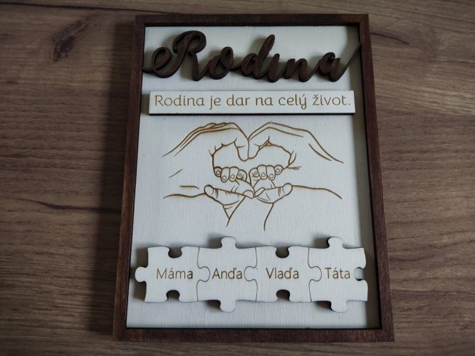 Rodina se jmény v puzzle a cedulkou s textem