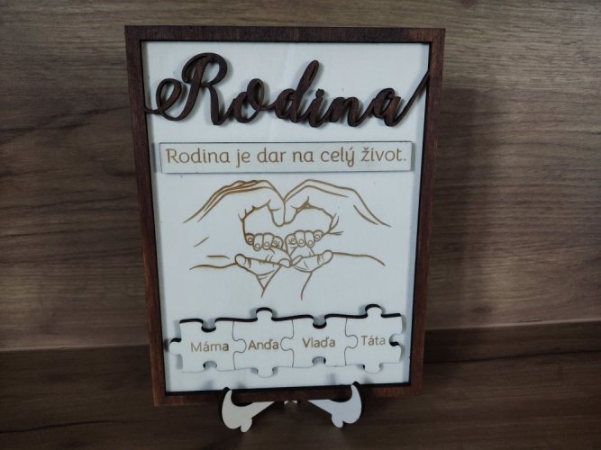 Rodina se jmény v puzzle a cedulkou s textem