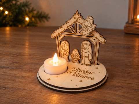 Malý dřevěný betlém na LED svíčku, ø 11 cm