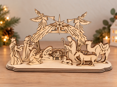 Dřevěný betlém se třemi králi a anděly, 39 cm