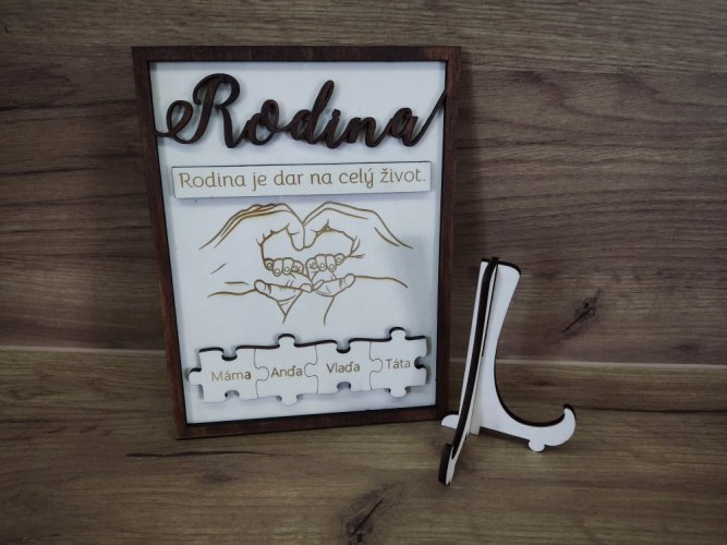 Rodina se jmény v puzzle a cedulkou s textem