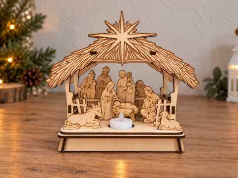Gravírovaný dřevěný betlém s králi a pastýři, 25 cm