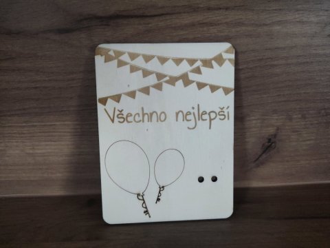Dřevěné přání k narozeninám s balónky