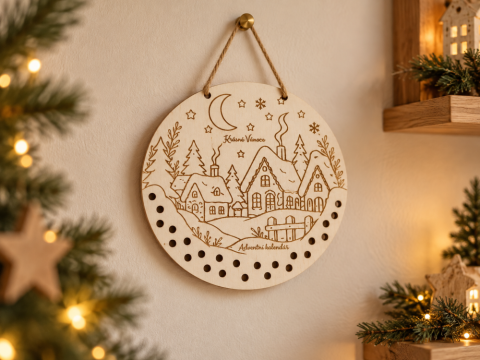 Adventní kalendář kulatý s vánoční vesničkou